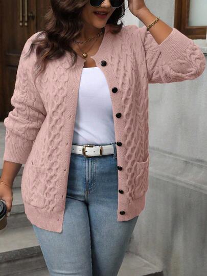 Cardigan casual à boutons en tricot de couleur unie pour femmes grandes tailles, rose