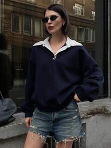 Livesso 女式衬衫领拼接宽松卫衣 秋冬 - 藏蓝色 - 查看 3