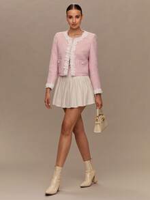 Enchnt Fall/Winter Romantic Women's Pastel Pink Tweed ROSE Embroidered Lace Decor Jacket With Pearl Buttons,Chic&Elegant&Fashionable For Vacation&Date&Holiday&Graduation&Wedding Guest&Office&Going Out&Halloween&Christmas,Back To School,Fall Jackets For Women,Autumn Clothes - Pink - View 4