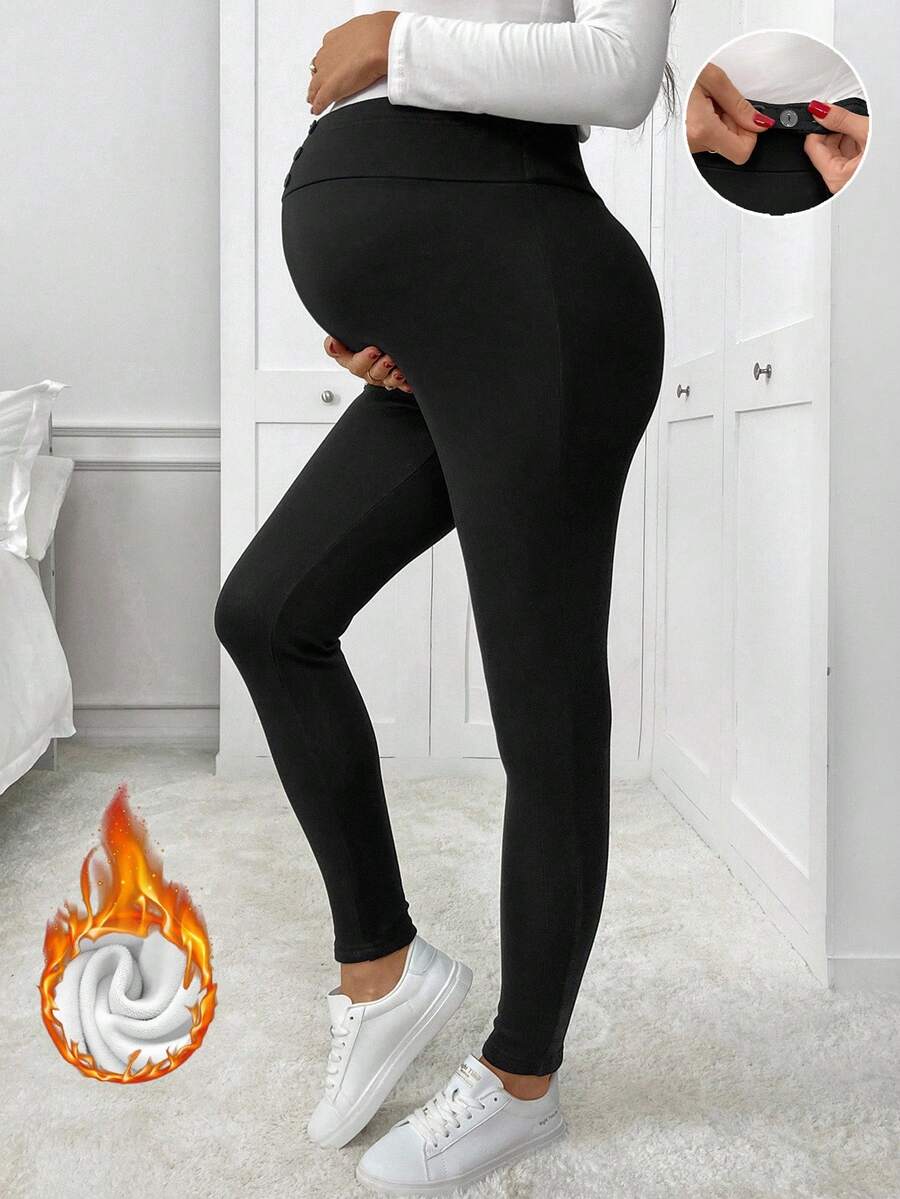 SHEIN Maternity Solid Color Adjustable Waist Thermal Lined Leggings Winter Clothes Chic