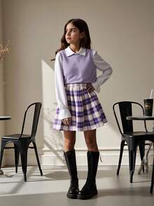 青少女純色襯衫、馬甲和格紋裙套裝 - 紫色 - 查看 3
