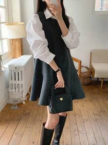 DAZY 女士纯色休闲校园风长连衣裙，韩版时尚，秋冬夏季女装 - 灰色 - 查看 5