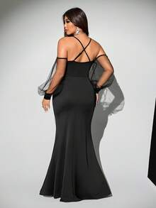 Viva Relle Plus Size Spaghetti Strap Off Shoulder Split Sexy Fashion Versatile Dress - Black - View 3