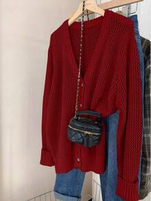 SHEIN Locker sitzende Strickjacke mit V-Ausschnitt und langen Ärmeln, Cut-Out