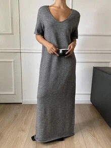 DAZY Grey Loose Casual Long Short Sleeve Sweater Dress For Women, Autumn/Winter Summer Women Dresses Sundress Maxi Dress - Grey - View 1