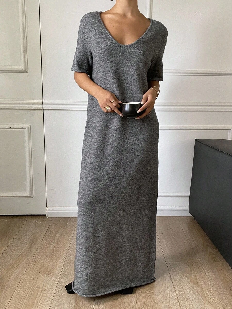 DAZY Grey Loose Casual Long Short Sleeve Sweater Dress For Women, Autumn/Winter Summer Women Dresses Sundress Maxi Dress - Grey - View 1