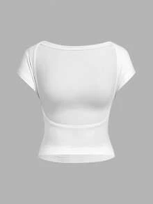 SHEIN EZwear 女士休闲简约V领短袖T恤，黑/蓝/白唇印图案，适合春夏旅行、度假、约会 - 彩色 - 查看 8
