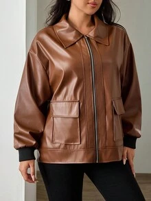 EURMUSE Veste décontractée ample à manches longues en PU avec fermeture éclair pour femmes, printemps et automne, plus hiver - Rouge foncé - Voir 4