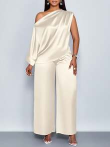 SOLERSUN Women's Fashionable Solid Color Elegant Ruched Asymmetrical Neck Stylish And Sophisticated Batwing Sleeve Asymmetrical Hem Satin Blouse & Straight-Leg Elegant Long Pants Sets