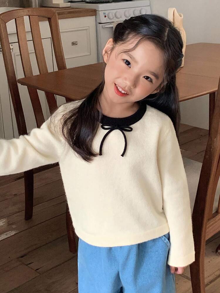 Young Girls Round Neck Contrast Color Bowknot Long Sleeve Sweater