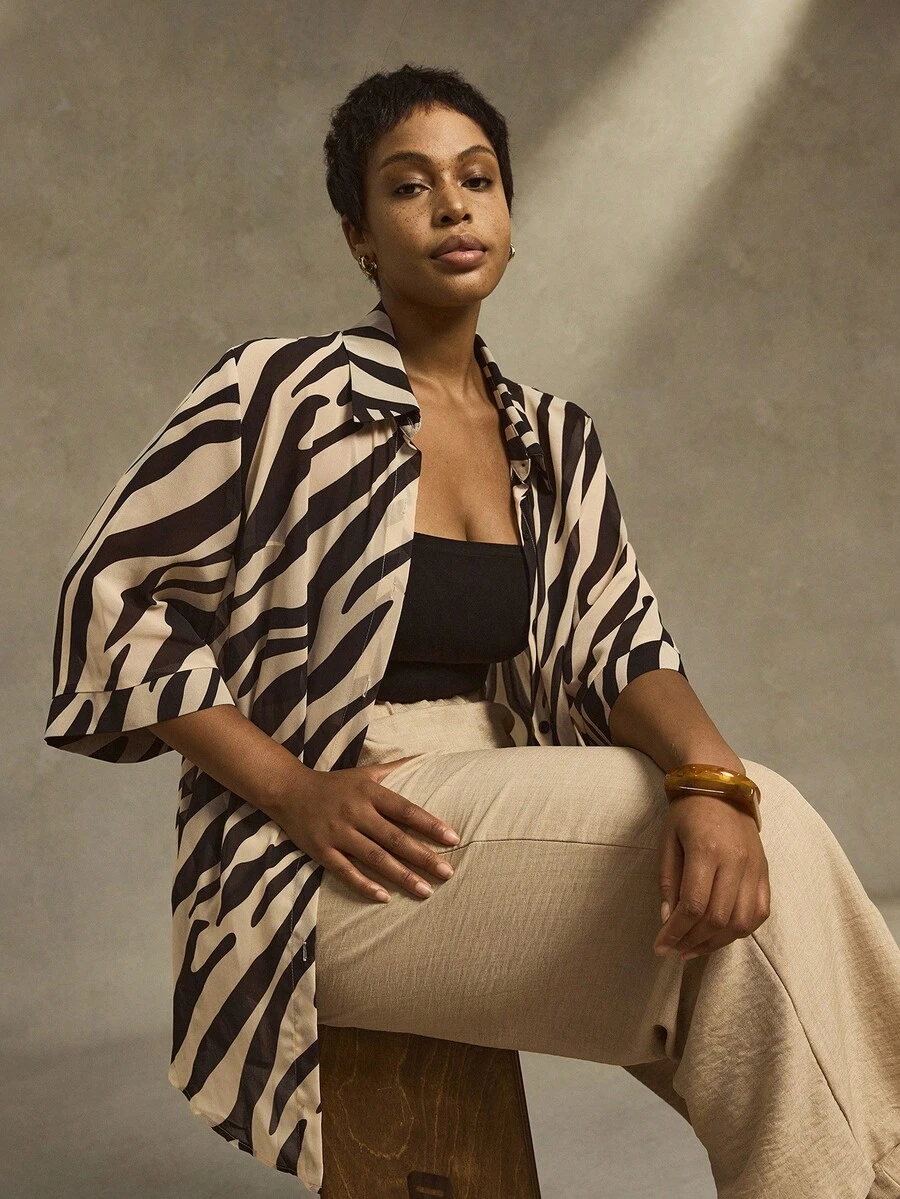 Linhara Áo sơ mi dáng rộng, tay 3/4, họa tiết ngựa vằn cỡ lớn dành cho nữ - Màu be - Xem 1