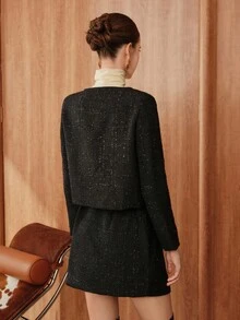 Chiquease 优雅两件套：女式亮面单排扣长袖夹克和不对称下摆中长裙，秋冬 - 黑色 - 查看 2