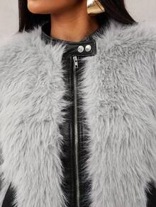 Radiana Women's New PU Leather Patchwork Fluffy Jacket, Fashionable Personalized, Fitted, Thickened With Thermal Lining In Fall/Winter,Faux Fur,ملابس شتوية للنساء - Grey - View 7