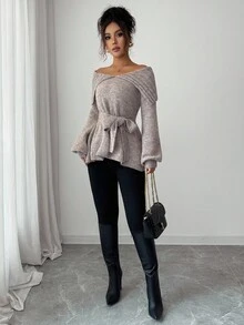 Elenzga Women's Fashion Casual Lantern Sleeve Sweater With Oversized Collar And Tie Waist, Suitable For Christmas, New Year, Thanksgiving Gifts, Autumn/Winter