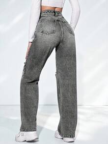 SHEIN ICON High Waist Ripped Straight Leg Jeans - Light Grey - View 3