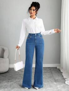 Elenzga 女式高腰口袋喇叭休闲百搭牛仔裤 - 藍色 - 查看 4