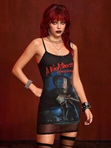 A Nightmare on Elm Street X ROMWE Đầm ngắn hai dây phối lưới họa tiết đồ họa dành cho nữ - màu đen - Xem 8