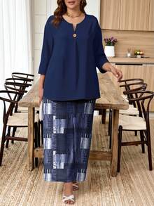 EMERY ROSE Plus Size Navy Blue Minimalist Line Print Comfortable Casual 2 Pieces Set - Multicolor - View 4