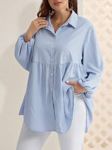 Rosumi Plus Size Winter Women Casual Striped Lantern Sleeve Shirt
