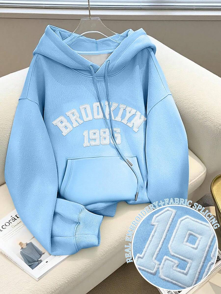 SHEIN BROOKIYN Letter Embroidered Casual Dropped Shoulder Sweatshirt, A Gift For Friends - A487 - Blue - View 1