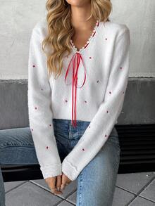 SHEIN PETITE Pulover cu broderie de inimă și dantelă contrastantă