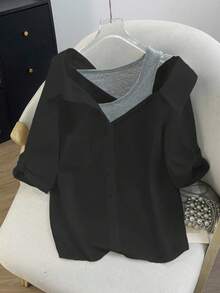 Lumivelle Women's Regular White Shirt With Fake Camisole Strap, Cold Shoulder Mid-Sleeve 2 In 1, Elegant Casual Commute Fashion Party Business Versatile Layered Blouse