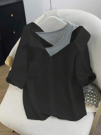 Lumivelle 女士常规白衬衫，带假吊带，露肩中袖二合一，优雅休闲通勤时尚派对商务百搭