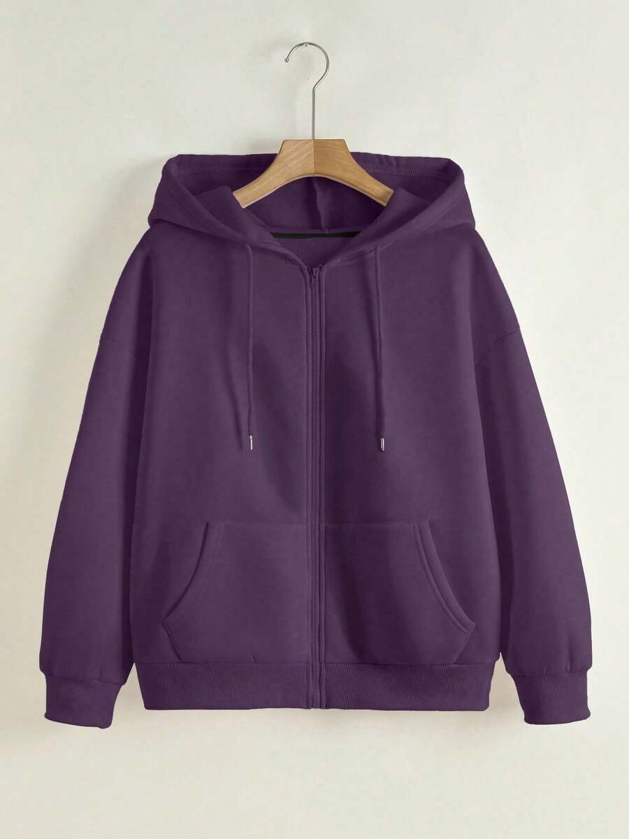 INAWLY Áo sweatshirt nữ thời trang, đa năng, màu trơn, vai rớt, tay dài, có khóa kéo và túi, dây rút, thích hợp cho mùa thu. - Màu tím - Xem 1