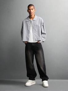 SUMWON Camisa casual de manga larga con botones y bolsillo, de corte regular, de algodón, a rayas clásicas, para hombre, para uso profesional y de oficina, en colores gris y blanco, para primavera y otoño - Azul - Ver 5