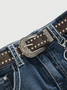 ROMWE Kawaii Y2K复古豹纹毛边装饰女式Kpop迷你低腰半身裙，配腰带，浅蓝色 - 淺色水洗藍 - 查看 3