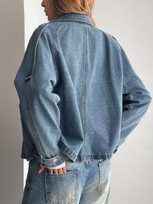 Livesso 女式宽松翻领牛仔夹克，秋季 - 藍色 - 查看 2