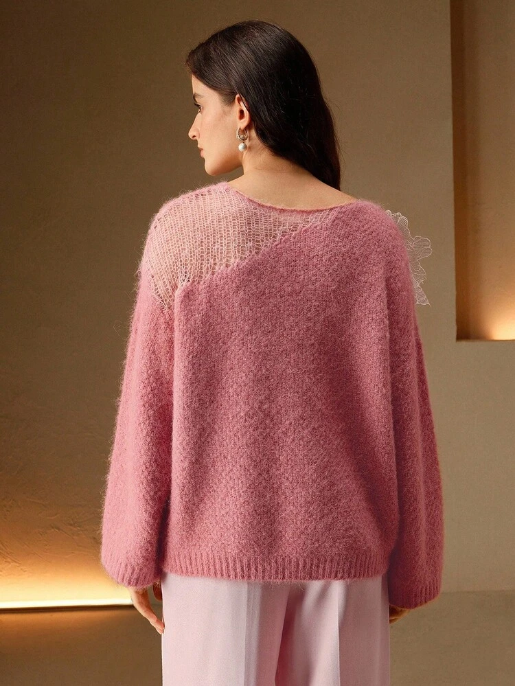 Women's Casual Elegant Round Neck Mesh Applique Sweater, Autumn/Winter