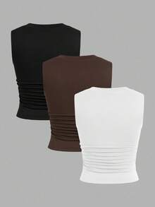 SHEIN EZwear Bộ 3 áo tank top nữ cổ vuông, eo nhún, phong cách tối giản, đa năng, gợi cảm, thích hợp cho mùa hè, có áo ngực tích hợp. - Nhiều màu - Xem 2