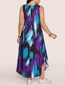 Comfylo 大码女装夏装无袖圆领彩色抽象印花长款夏季休闲度假波西米亚风连衣裙万圣节服装女装冬季连衣裙女士复古连衣裙 - 彩色 - 查看 2