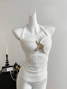 Sweetra 法国甜心女孩吊带系带提花纹理镂空金属装饰褶饰修身女式背心 - 白色 - 查看 7