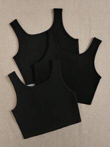 SHEIN EZwear 3 件套女士黑色超短款紧身休闲吊带背心，适合夏季 - 黑色 - 查看 2