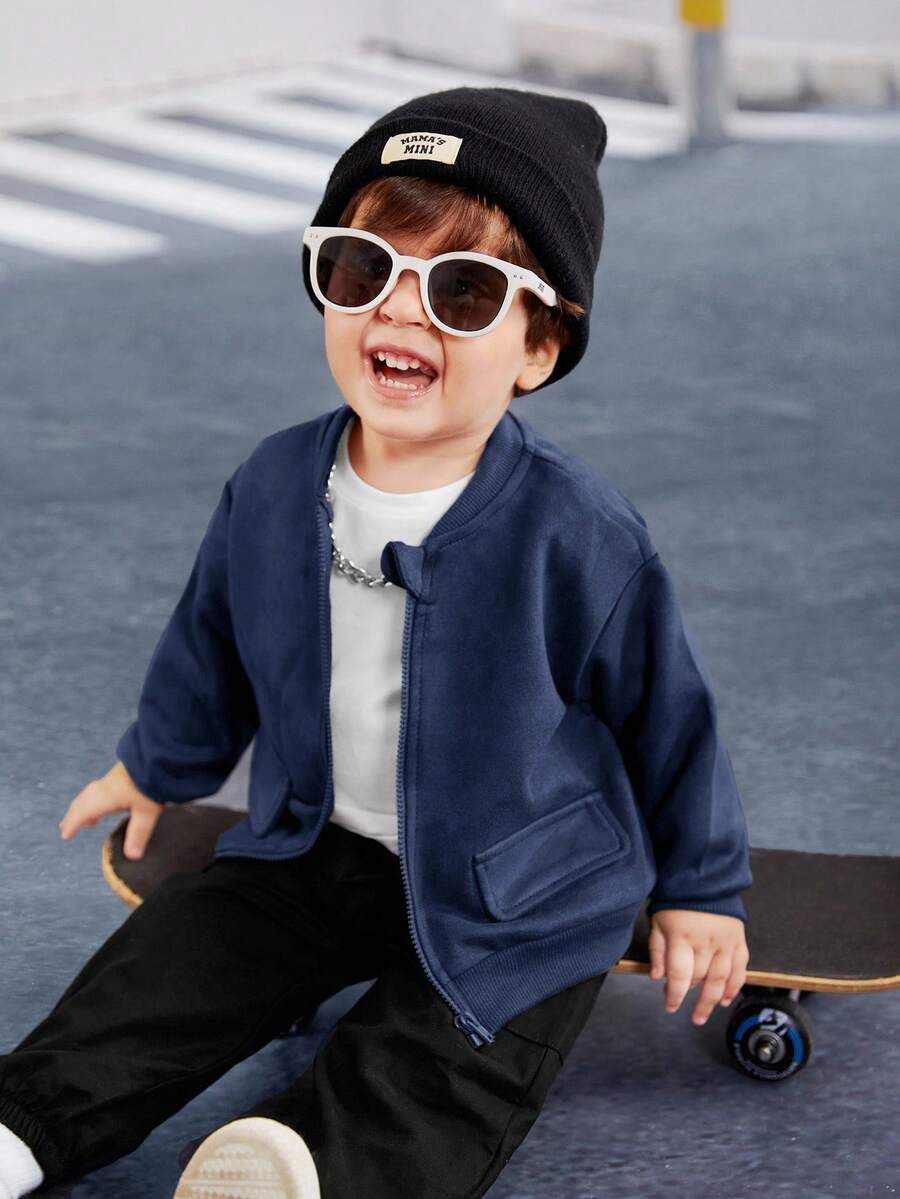 SHEIN Chaqueta de béisbol casual para bebé niño/niña, de tela suave tipo, con bolsillos decorativos, corte relajado, versátil y a juego con todo, estilo callejero cómodo y sencillo, adecuado para salidas, otoño - Azul Marino - Ver 1