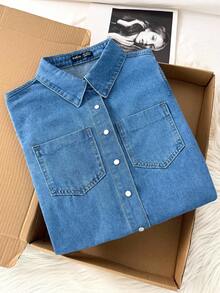 Comfortcana Patched Pocket Curved Hem Denim Shirt, Fall Women Clothes - Medium Wash - View 6