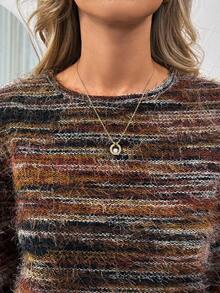 SHEIN LUNE Women's Casual Faux Fur Crew Neck Long Sleeve T-Shirt Women's Country Going Out Fall For Women Autumn Winter Fall Top Halloween Costumes Chic Long Sleeve Party Top,Casual - Multicolor - View 6