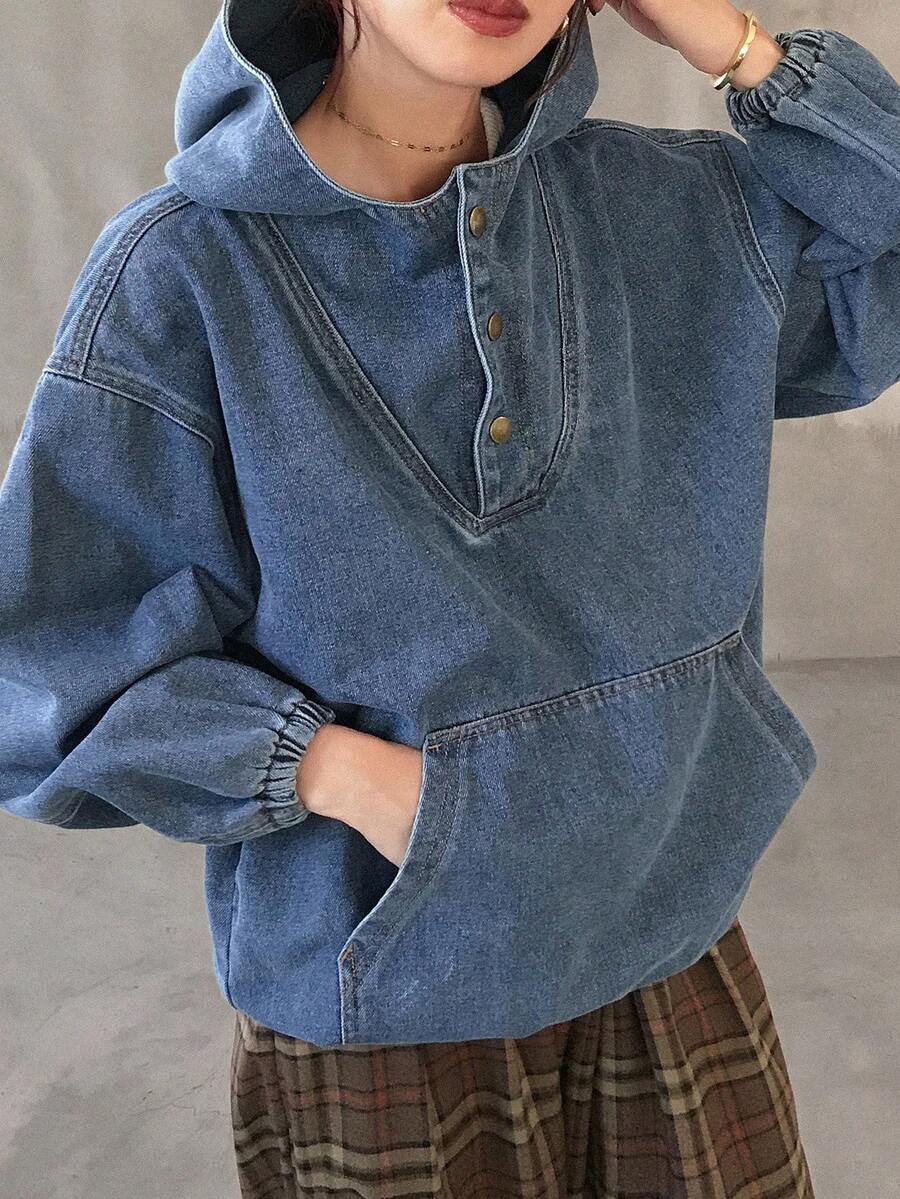 FRIFUL 女式连帽前袋装饰牛仔夹克和外套 - 藍色 - 查看 1