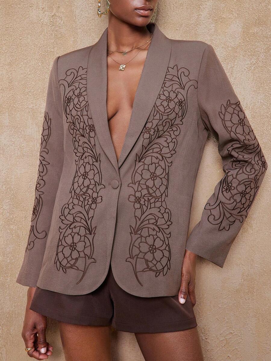 SHEIN Privé VITNOS Women's Luxury Elegant Brown Floral Blazer,Embroidered Fabric Shawl Collar Long Sleeve Coat For Summer Tea Party,Wedding,Business Casual,Dates