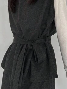 FRIFUL Damski szary top w jednolitym kolorze z paskiem w talii i długą spódnicą, elegancki dwuczęściowy garnitur, strój biznesowy na co dzień dla pań, jesień - Szary - Zobacz 1