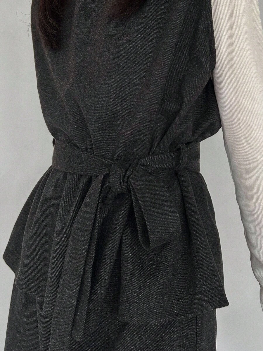 FRIFUL Damski szary top w jednolitym kolorze z paskiem w talii i długą spódnicą, elegancki dwuczęściowy garnitur, strój biznesowy na co dzień dla pań, jesień - Szary - Zobacz 1