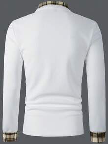 Manfinity Homme 男士格子印花纽扣休闲时尚长袖 Polo 衫，男士白色和棕色衬衫，男士长袖 Polo 衫，白色 Polo 衫，男士翻领衬衫，格子饰边 Polo 衫，秋季 - 白色 - 查看 2