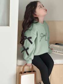 Dazy Kids 2pcs/Set Young Girls Round Neck Knit Bow Print Outfit - Green - View 2