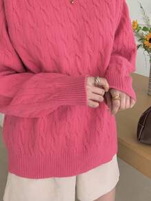 DAZY Suéter casual de punto de cable de cuello redondo de manga larga y ajuste holgado de unicolor rosa para mujer, otoño/invierno