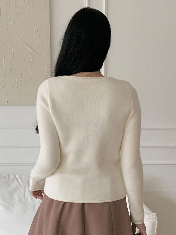 Women's Solid Color Round Neck Fitted Long Sleeve Casual Elegant Thick Knitted Sweater, Autumn/Winter