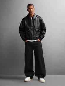 SUMWON Luxury Harrington Bomber Jacket With Patch Pockets Modern Casual Outerwear Fall Winter Transitional Zip Up Ribbed Collar - Black - View 7