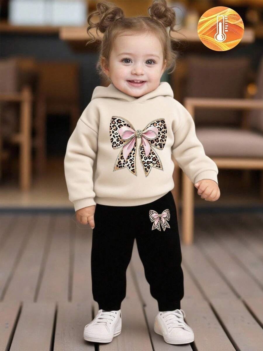 SHEIN 2pcs/Set Baby Girl Outfit, Minimalist Leopard Print Bow Hoodie Sweatshirt & Leopard Print Bow Sweatpants, Suitable For Outings In Autumn/Winter Fall - Multicolor - View 1