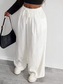 SHEIN PETITE CURVE 女士简约波西米亚风度假装休闲基本款日常穿着亚麻舒适低腰宽松裤，亚麻裤 - 白色 - 查看 6